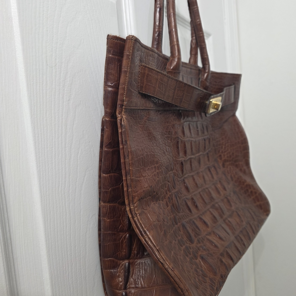 Croc-Embossed Brown Leather Tote with Gold Hardware - Picture 3 of 3